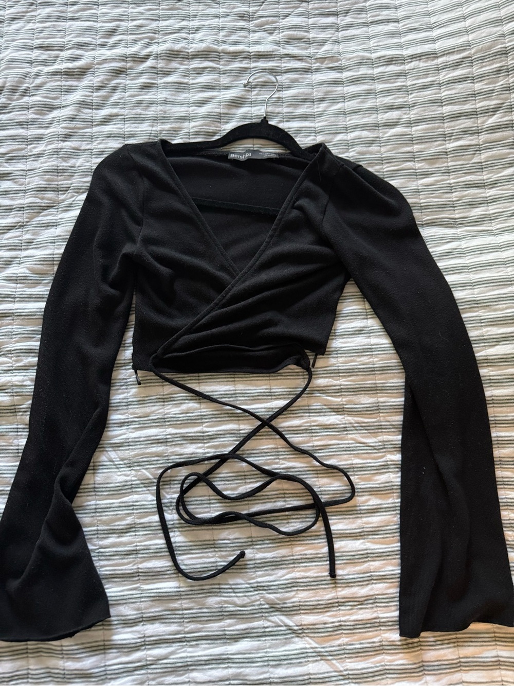 Bershka Black Long-Sleeve Wrap Crop Top with Ties